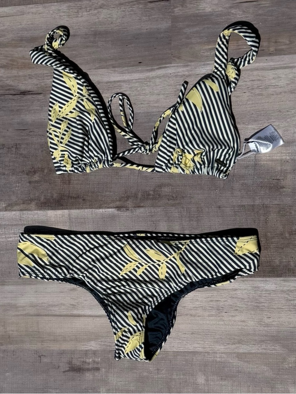 O'Neill Black & White Striped Bikini with Yellow Leaf Print